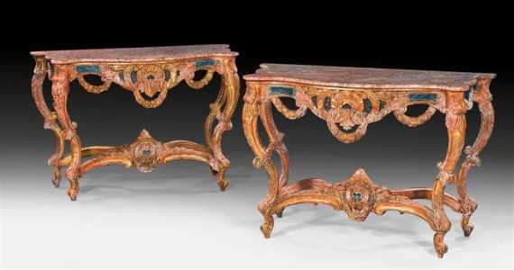 Appraisal: PAIR OF PAINTED CONSOLES Louis XV style northern Italy late