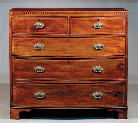 Appraisal: English inlaid mahogany bow front chest of drawers circa parquetry-inlaid