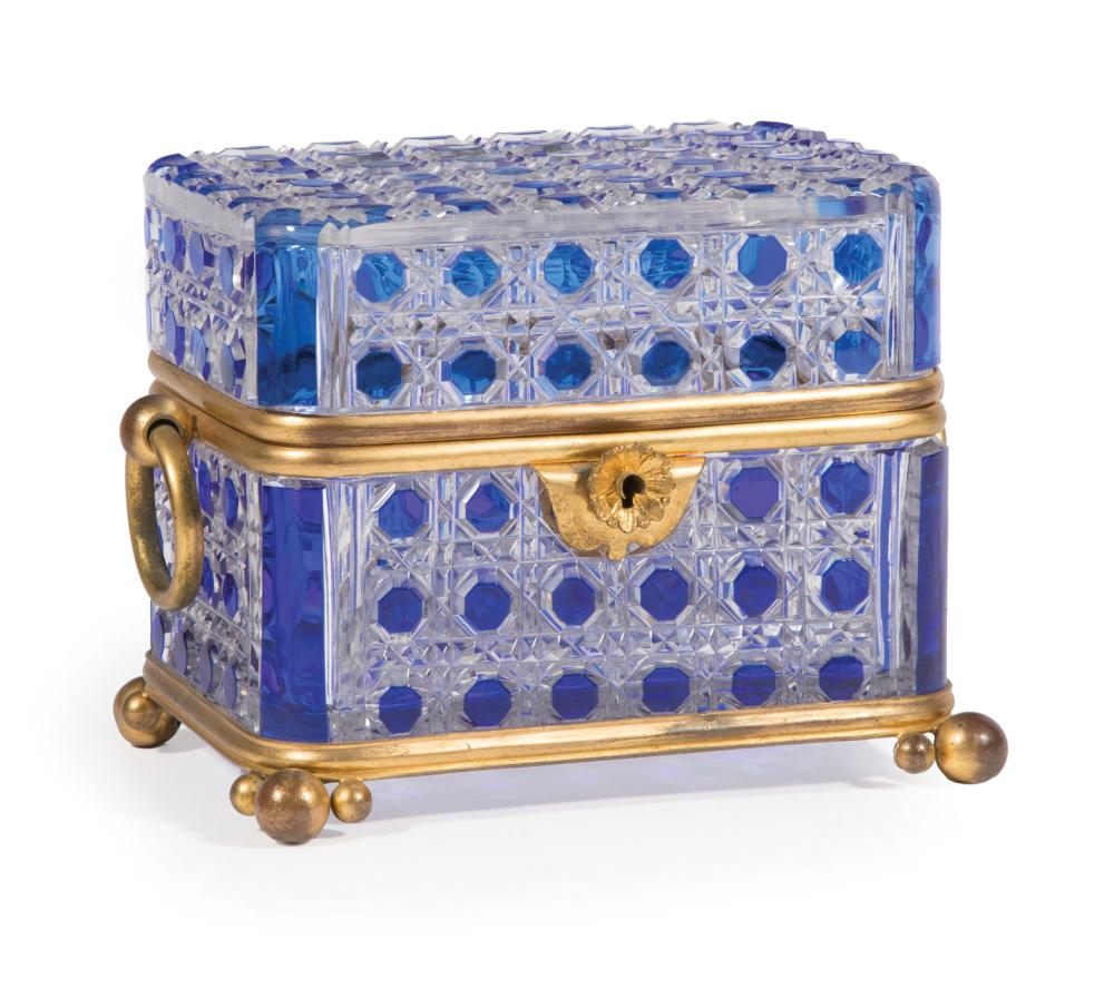 Appraisal: French Brass-Mounted Cobalt Cut-to-Clear Glass Dresser Box c hinged lid