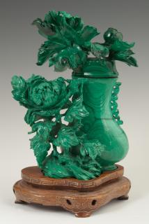 Appraisal: Chinese Carved Malachite Covered Bottle th c with high relief