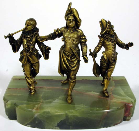 Appraisal: FRENCH GILT BRONZE FIGURAL SCULPTURE Three minstrels walking one carrying