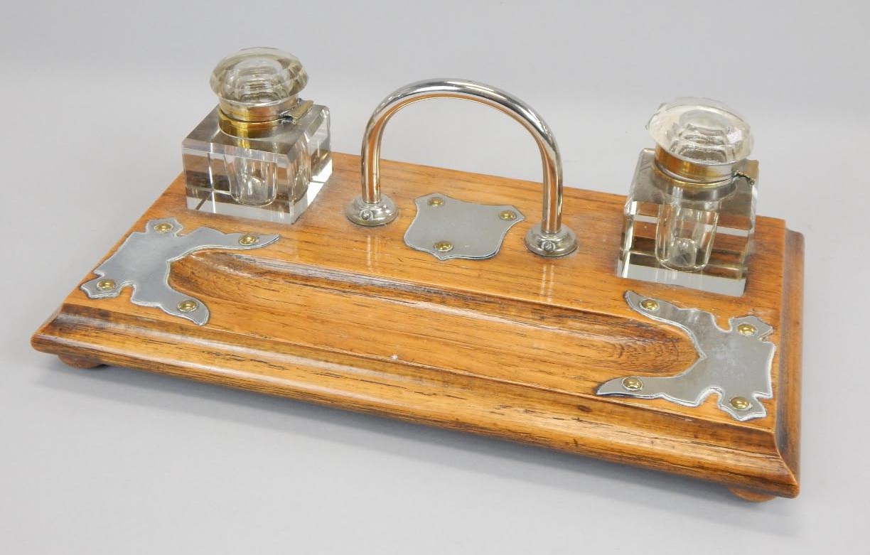 Appraisal: An early thC oak inkstand with silver plated mounts cm