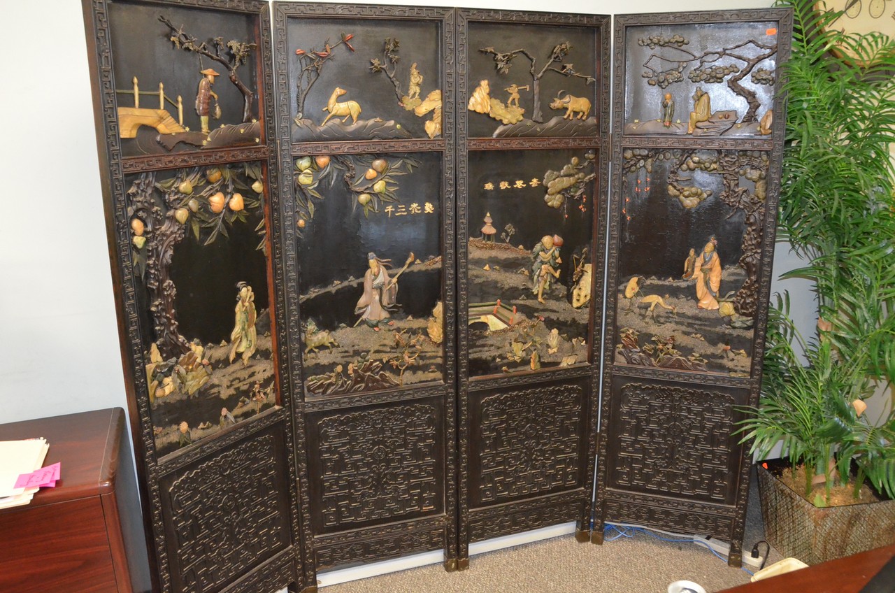 Appraisal: Elaborately carved and inlaid panel Chinese screen dimensional hardstone carvings