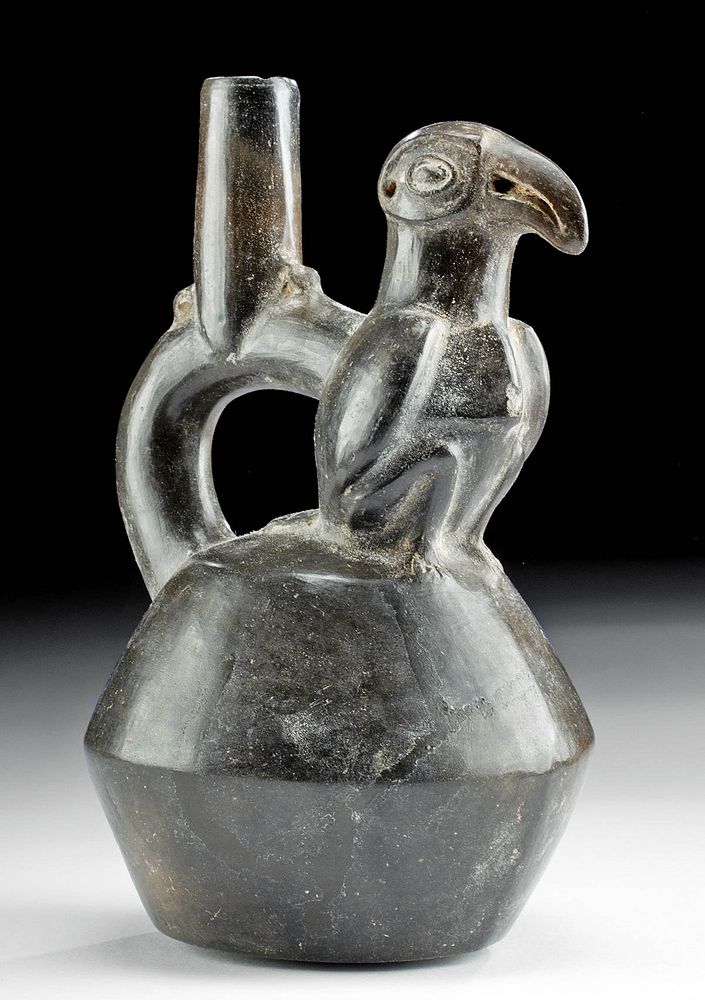 Appraisal: Chimu Blackware Stirrup Vessel w Parrot First Time At Auction