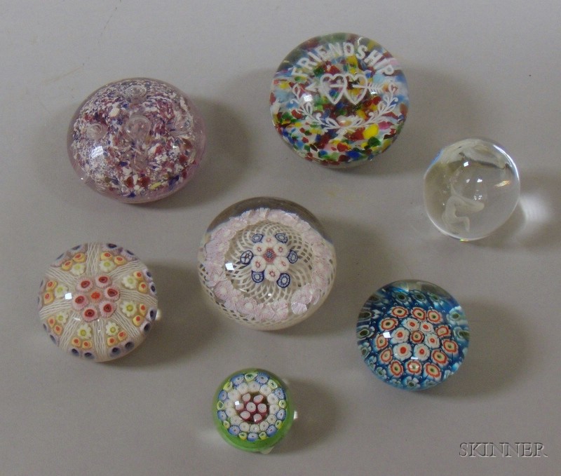 Appraisal: Seven Assorted Art Glass Paperweights including millefiore end-of-day and Friendship