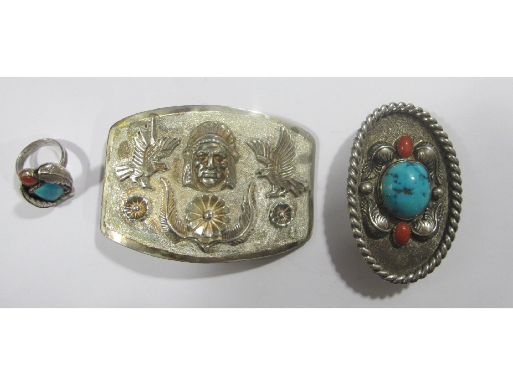 Appraisal: Two American Indian silver buckles one with turquoise and coral