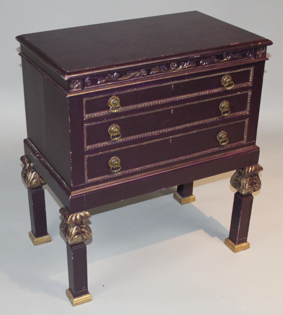 Appraisal: A thC French Empire style side cabinet painted purple the