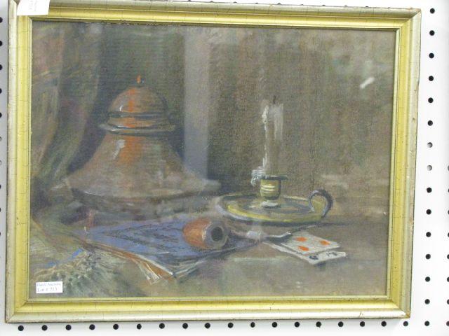 Appraisal: Pastel Still Life with Pipe humidor chamberstick playing cards signed