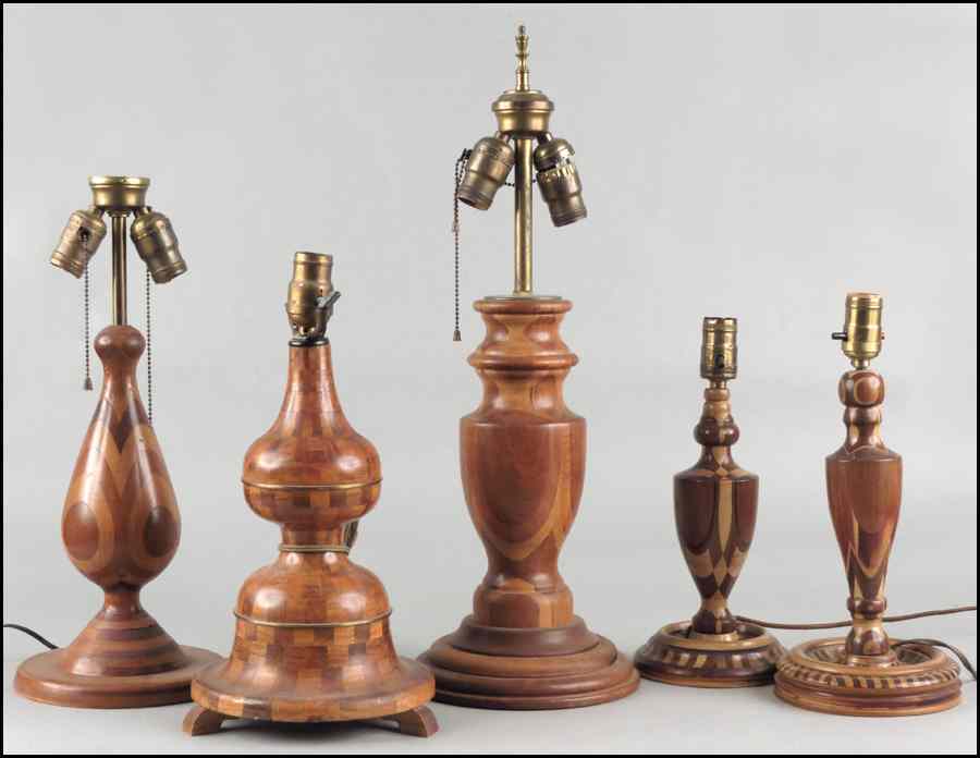 Appraisal: COLLECTIO OF FIVE INLAID WOOD LAMPS Tallest '' Condition No