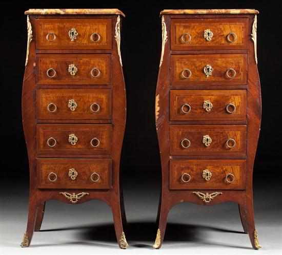 Appraisal: Pair of Louis XV style bronze-mounted inlaid walnut marble-top chiffoniers