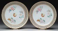 Appraisal: PAIR OF CHINESE EXPORT FAMILLE ROSE CIRCULAR RETICULATED PLATES The