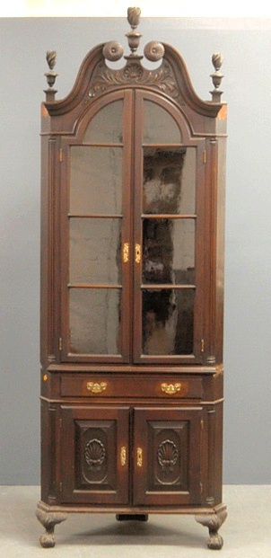 Appraisal: - Chippendale style mahogany two-part corner cupboard h x w