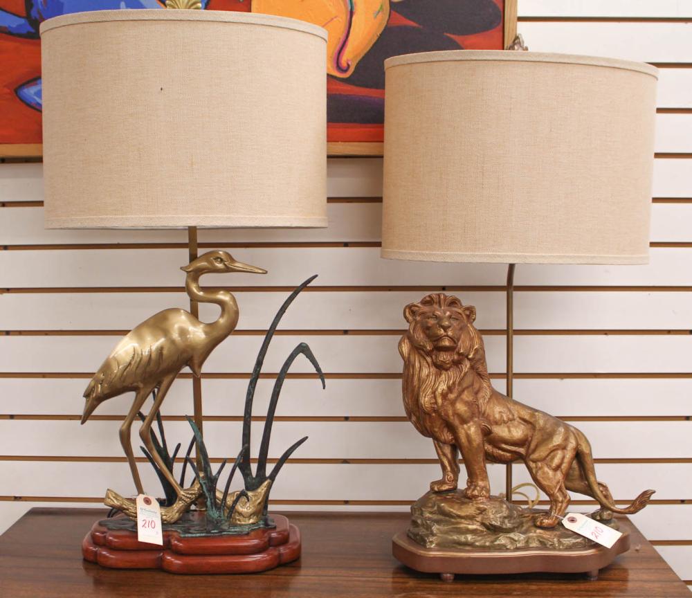 Appraisal: TWO FIGURAL METAL TABLE LAMPS WITH MATCHING SHADES standing Heron