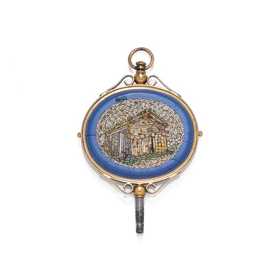 Appraisal: POCKET WATCH KEY WITH MICRO-MOSAIC middle th century Pink gold