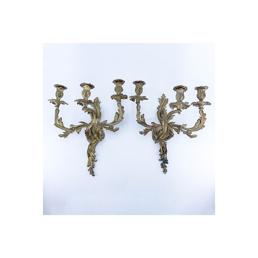 Appraisal: Pair of French Louis XV Rococo Style Three Arm Gilt