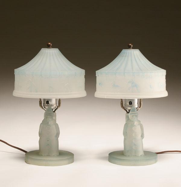 Appraisal: Pair frosted glass clown lamps full form clown figures on