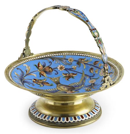 Appraisal: A Russian silver-gilt and shaded cloisonn enamel swing-handle cake-basket Nikolai