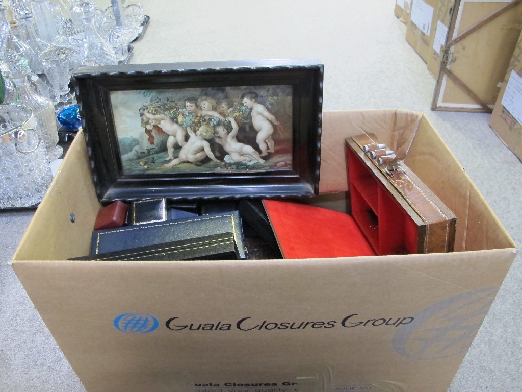 Appraisal: Box of jewellery boxes framed prints etc