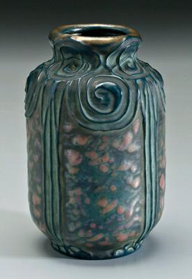 Appraisal: Amphora Pottery vase raised panels below circular design mottled green