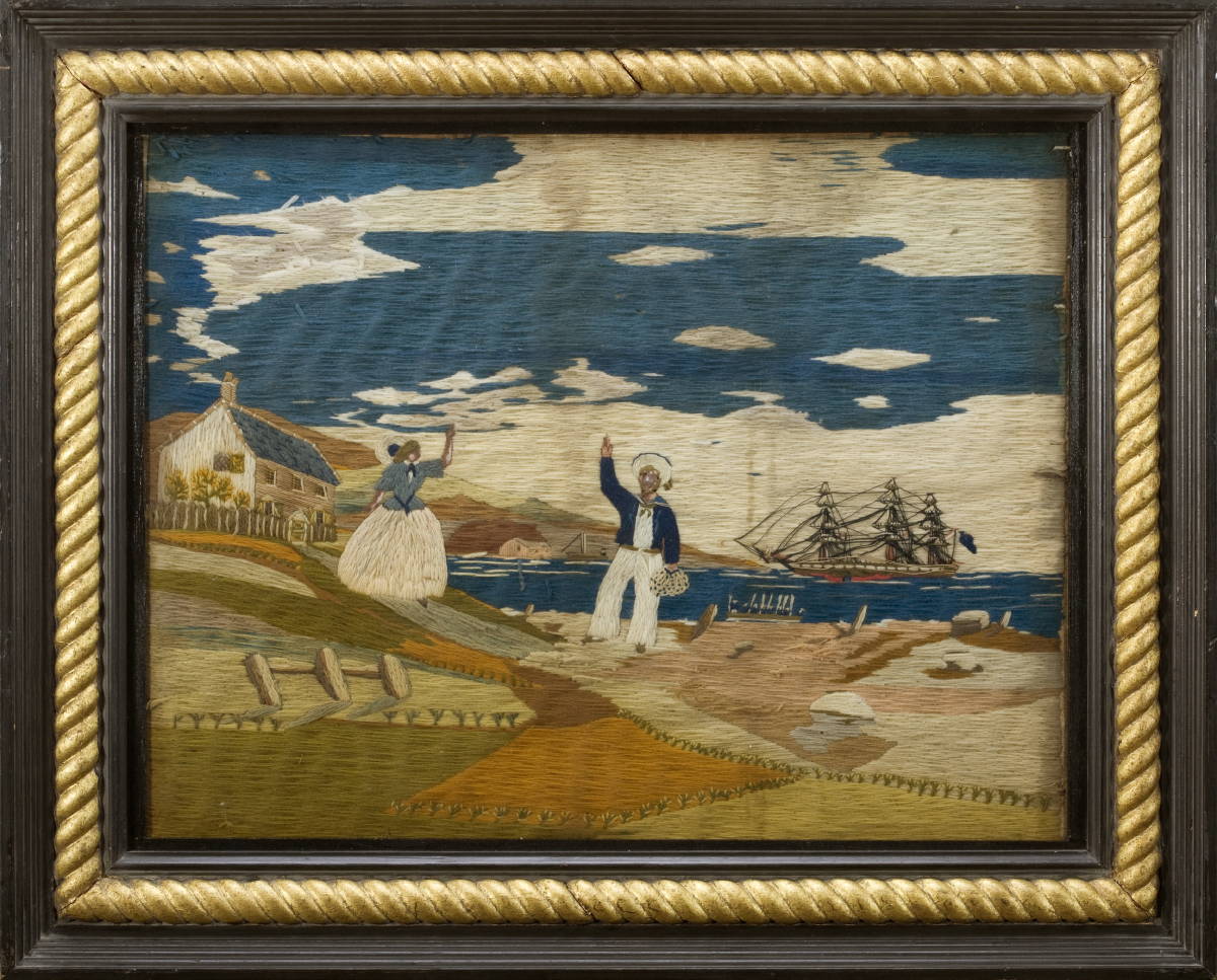 Appraisal: WOOLWORK PICTURE OF THE SAILOR'S FAREWELL CIRCA Depicting a coastal