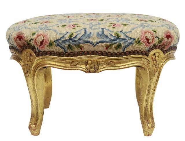 Appraisal: Petite Louis XV style giltwood stool th c with floral-patterned