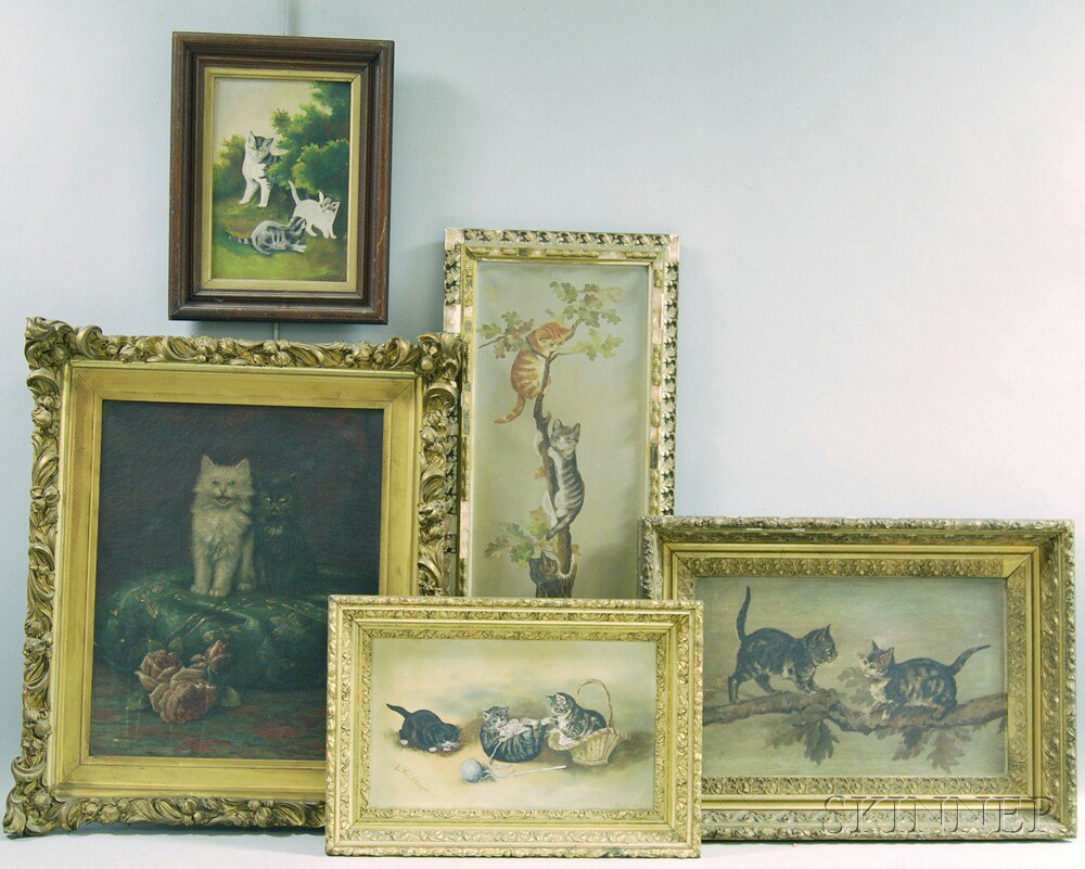 Appraisal: Five Framed Paintings of Cats and Kittens including one signed