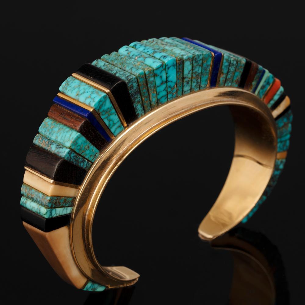 Appraisal: Loloma CuffCharles Loloma Hopi - Gold and Multi-Stone Inlay Cuff