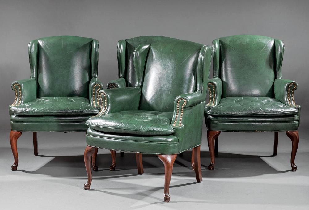 Appraisal: Four Leather Wingback Armchairs labeled North Hickory Furniture Company tufted