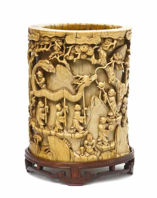 Appraisal: A Finely Carved Chinese Ivory Brushpot th early th century