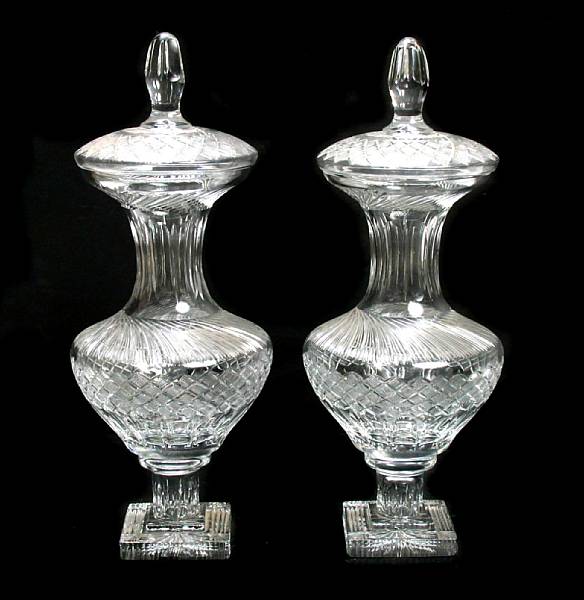 Appraisal: A pair of large cut crystal covered urns height in