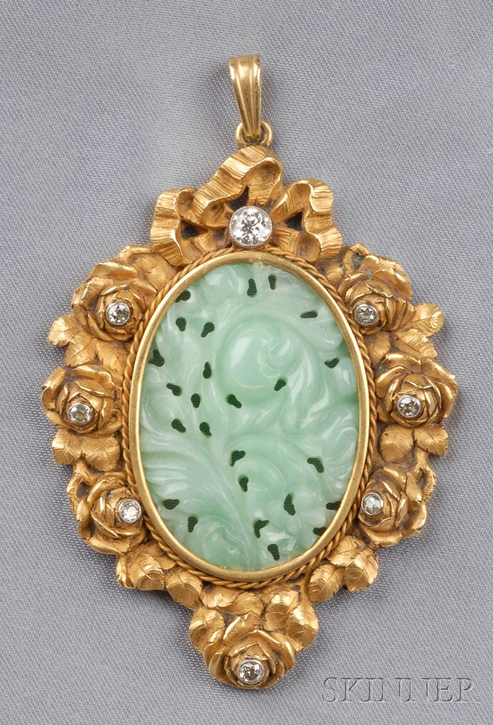 Appraisal: Antique kt Gold Jadeite and Diamond Pendant centering a foliate