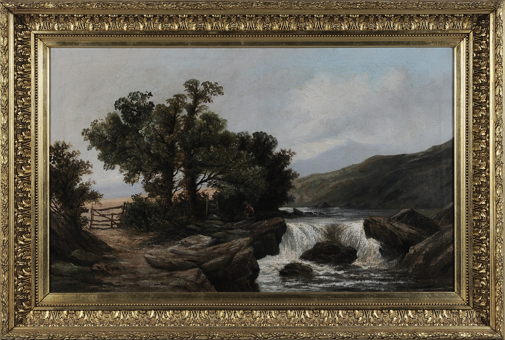 Appraisal: J Adams British th century Fisherman by a Waterfall signed