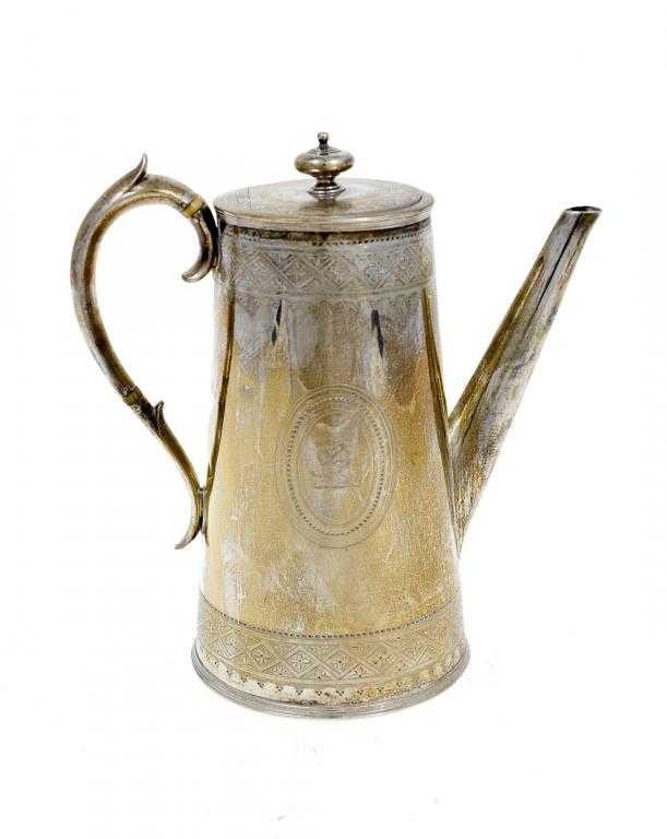 Appraisal: A VICTORIAN COFFEE POT of can shape engraved with two