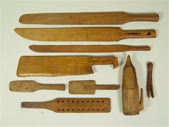 Appraisal: Nine Hand Carved Wooden Utensils Circa Includes a drinking vessel