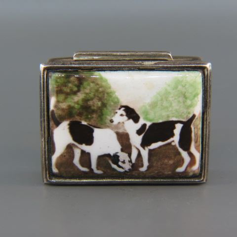 Appraisal: Sterling Pill Box with Beagle Decor handpainted porcelain inset hinged