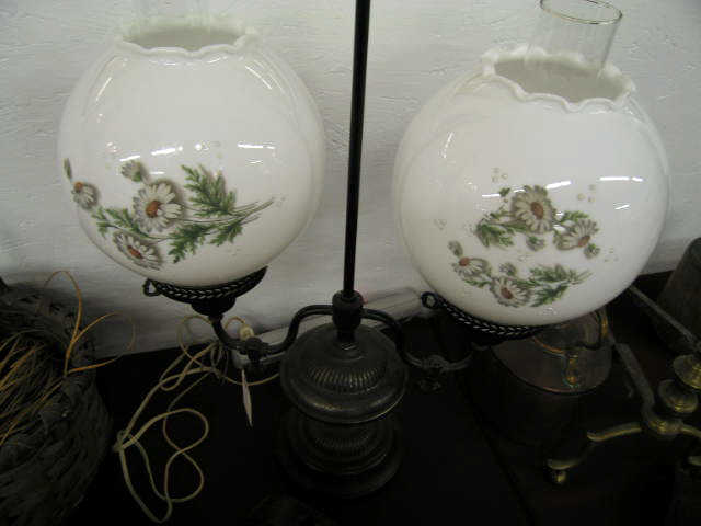 Appraisal: Double Banquet Style Lamp round milk glass shades daisy decor