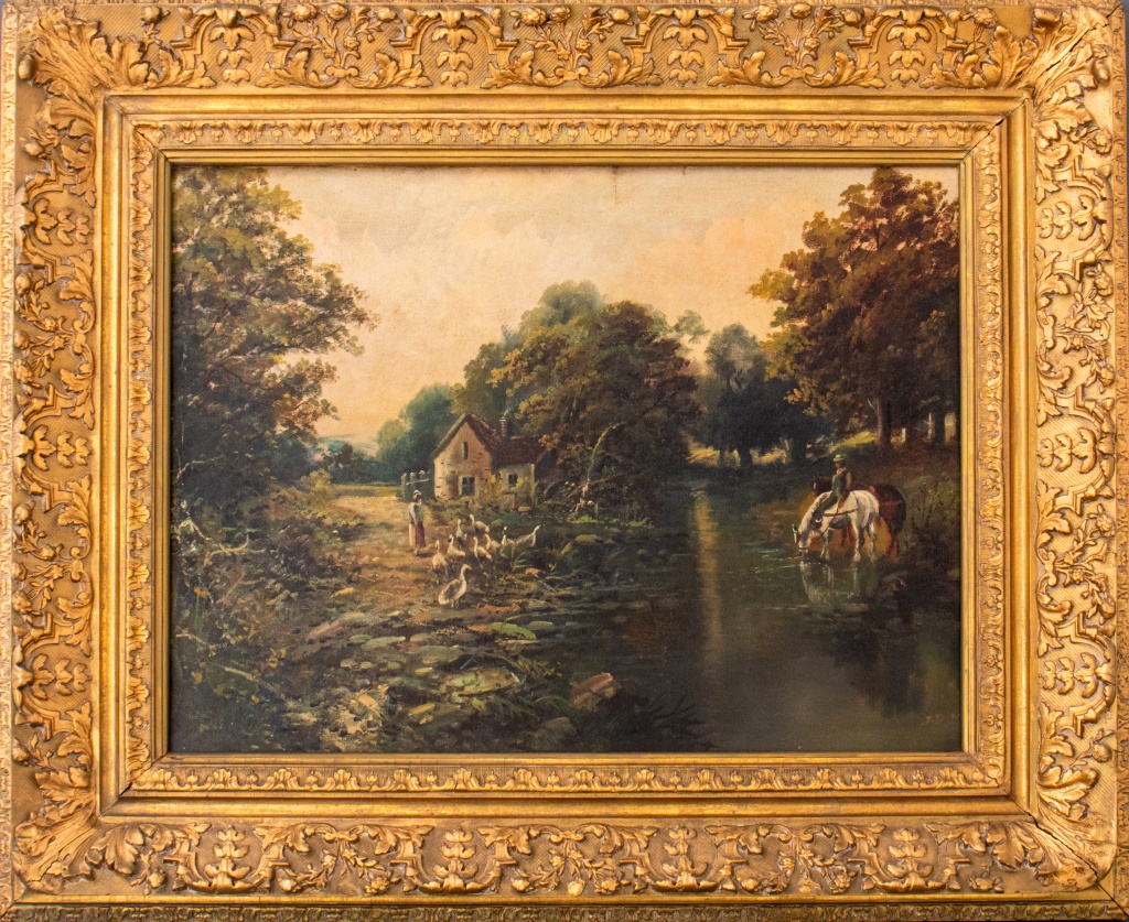 Appraisal: BARBIZON RIVERSIDE LANDSCAPE OIL Barbizon school landscape with farm geese