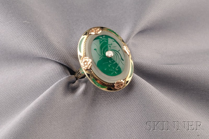 Appraisal: Art Deco kt Gold Chalcedony and Enamel Ring centering a