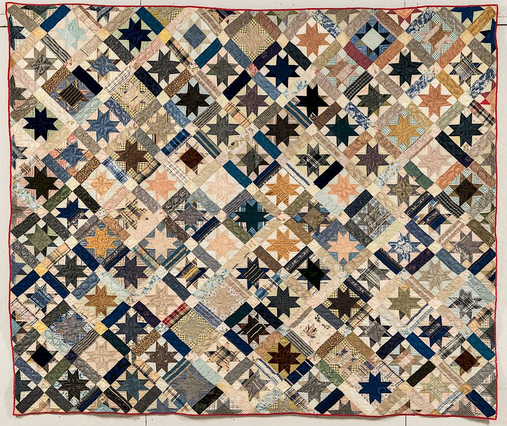 Appraisal: Silk Tumbling Blocks and Stars Quilt Silk Tumbling Blocks and