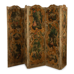 Appraisal: A French Five-Panel Hand Painted Canvas Floor Screen TH CENTURY