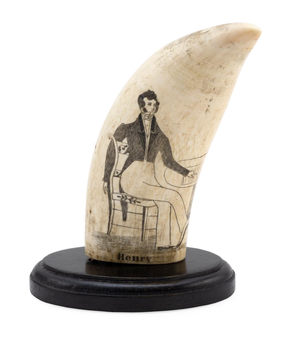 Appraisal: SCRIMSHAW WHALE'S TOOTH WITH FIGURAL PORTRAITS CIRCA - LENGTH WITH