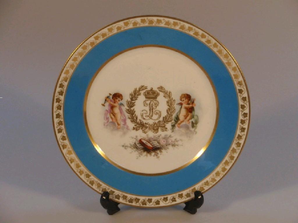 Appraisal: A thC Sevres circular plate painted with putti flanking a