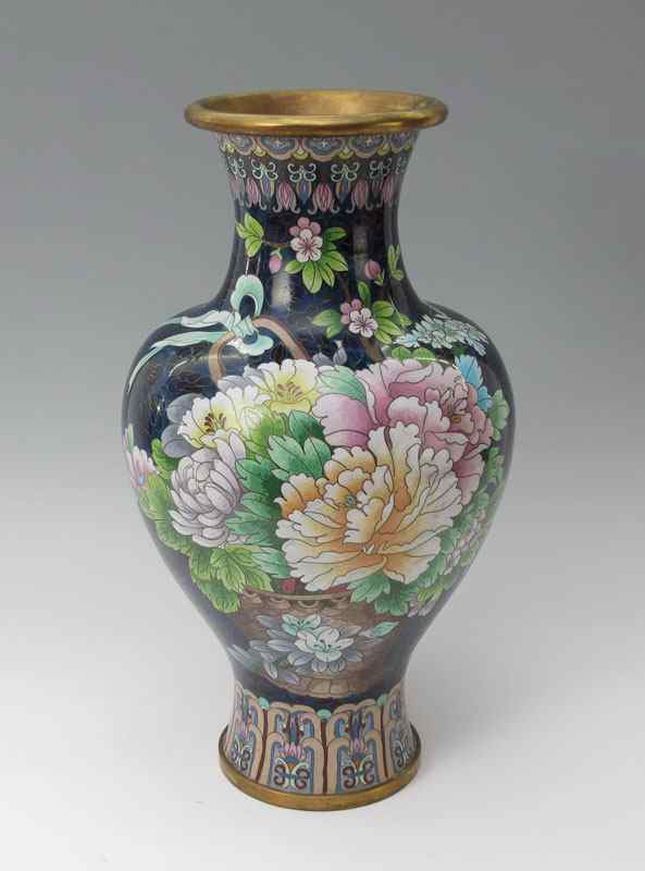 Appraisal: CHINESE '' TALL CLOISONNE Floral design on black and blue