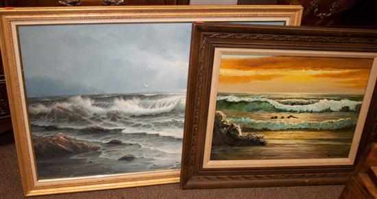 Appraisal: Two oil paintings of waves breaking on shore framed Estimate