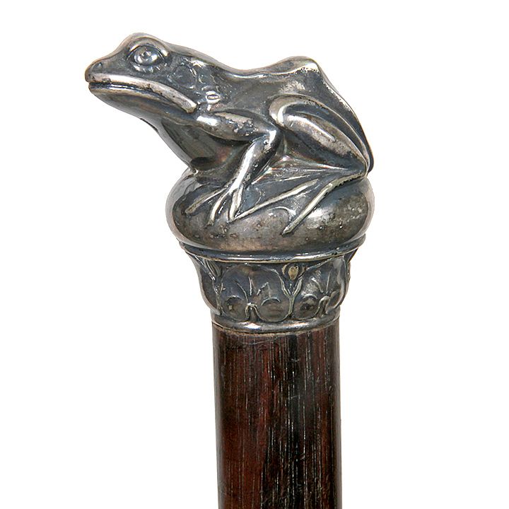 Appraisal: Silver Frog Cane Ca - An unmarked high relief frog