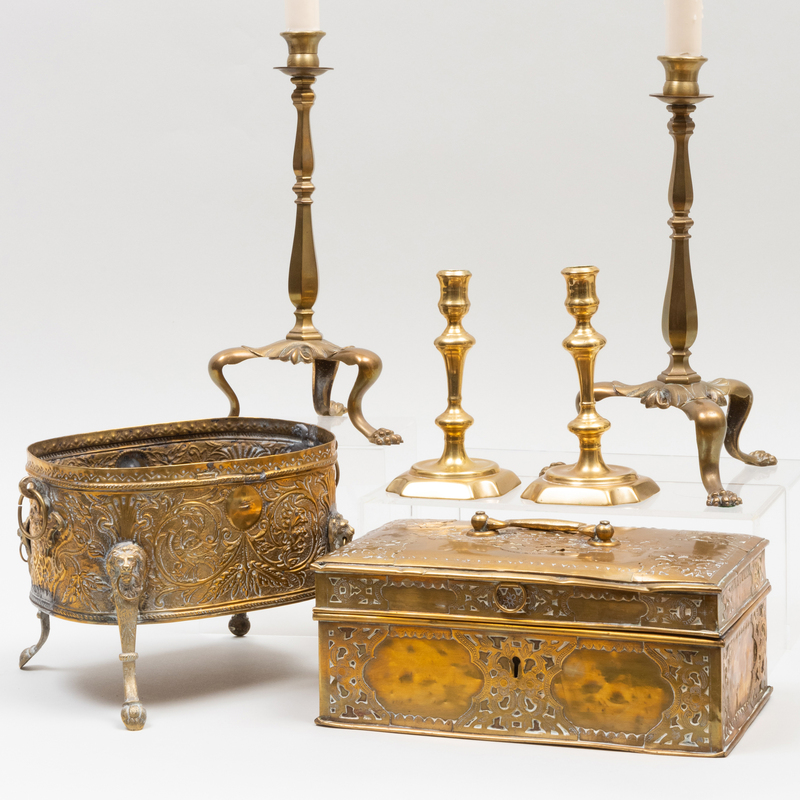 Appraisal: GROUP OF BRASS TABLEWARES Comprising A pair of candlestick lampsA