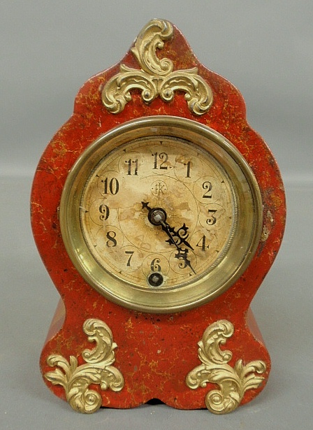 Appraisal: - French style red painted metal mantel clock with ormolu