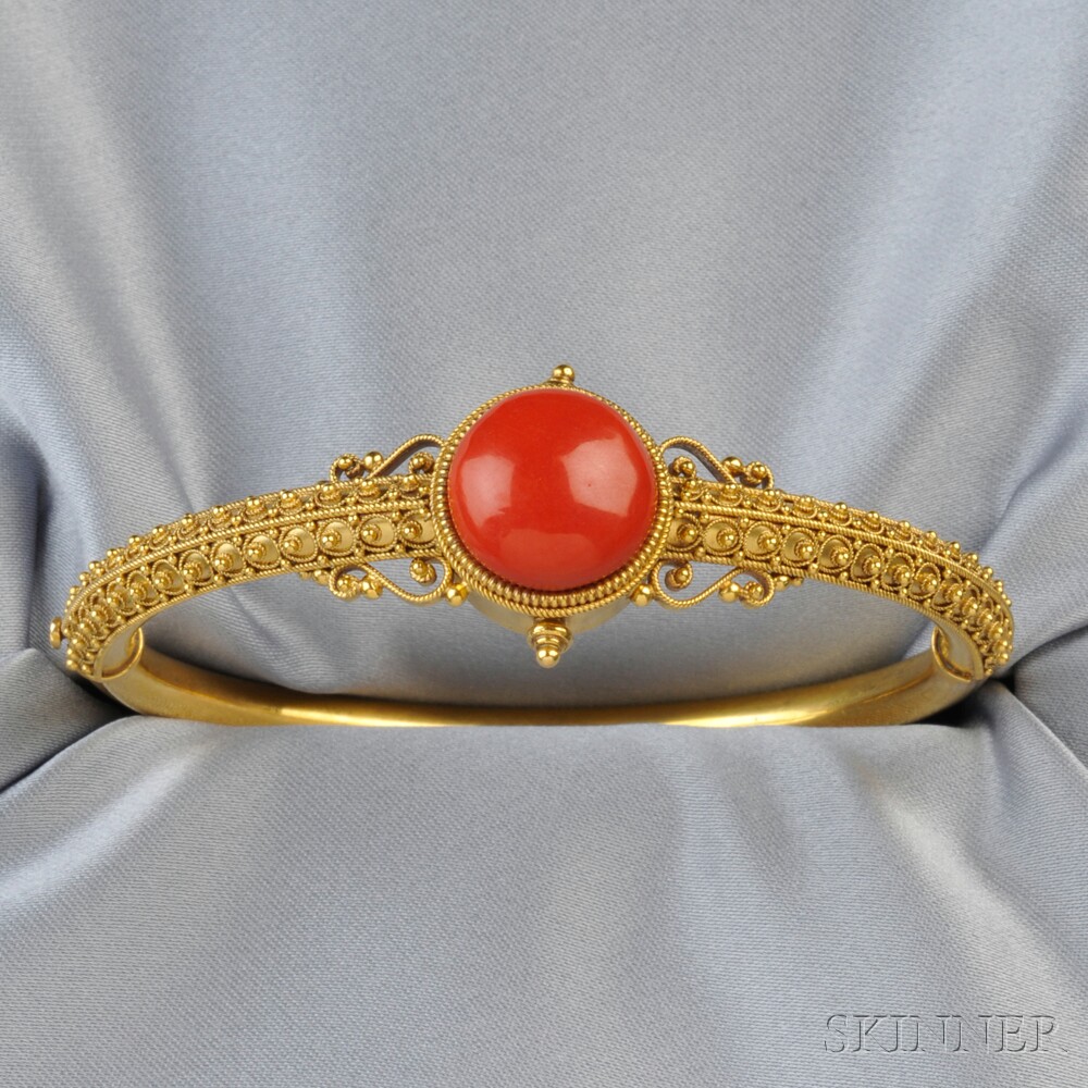 Appraisal: kt Gold and Coral Bracelet designed as a hinged bangle