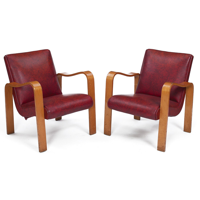 Appraisal: Thonet armchairs pair attribution bentwood frames with original red vinyl