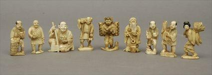 Appraisal: Nine Japanese Carved Ivory Netsuke Each approx in